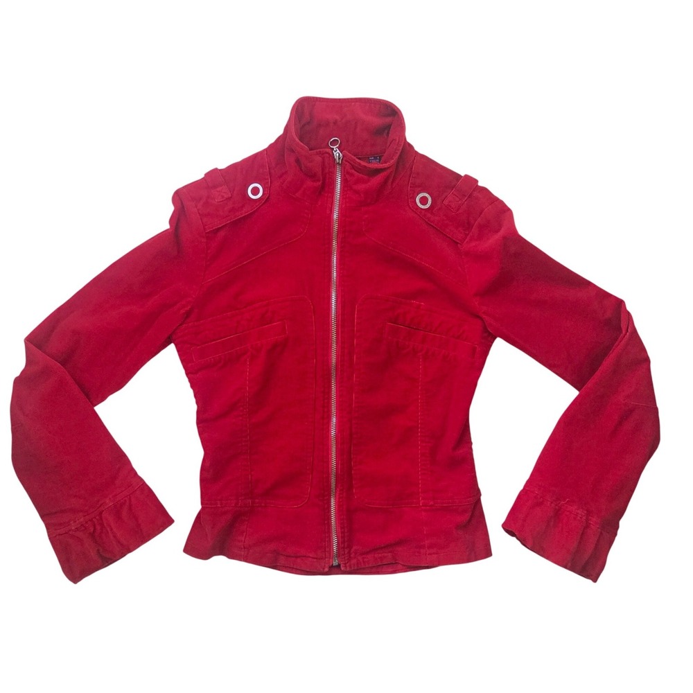 Mango BYMNG Red Corduroy Utility Moto Zip Up Jacket Funnel Mock Neck Epaulets XS